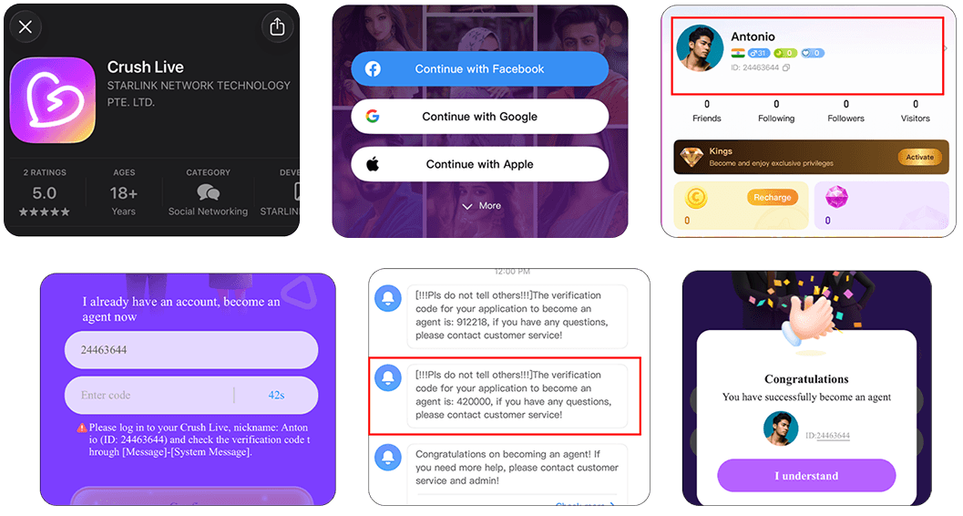 Crush Live agency registration steps with app screenshots and verification process.