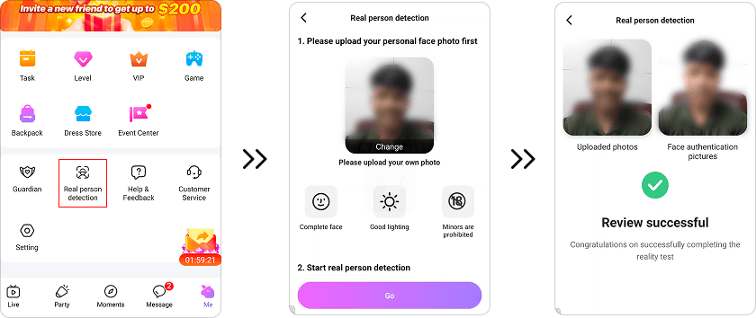 Crush Live face verification process showing real person detection for the host and agent accounts
