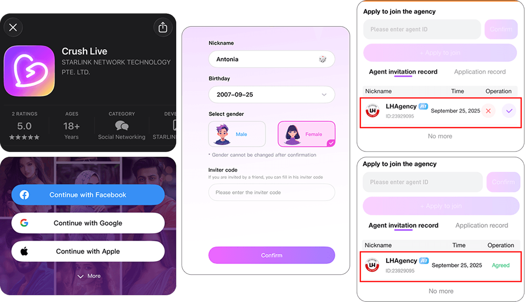 Crush Live host registration steps showing app signup, profile setup, Host ID sharing, and invitation acceptance with app screenshots.