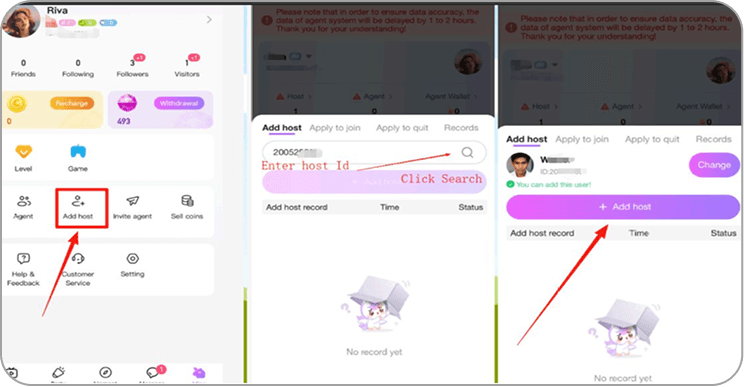 Screenshot guide showing how to invite a host in the app by selecting “Add Host,” entering the host ID, and confirming