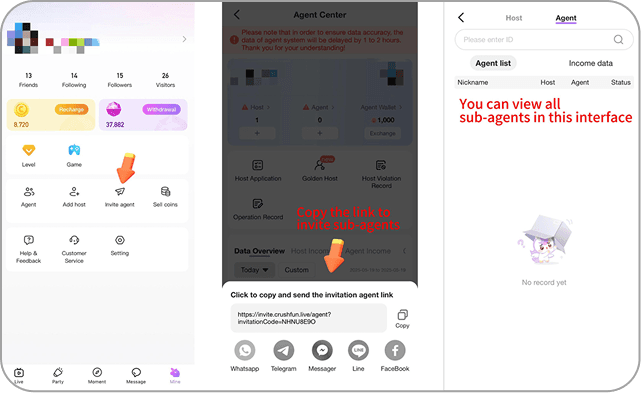 Screenshot guide showing how to invite a sub-agent by selecting “Invite Agent” and sharing the invitation link